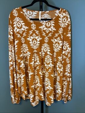 Watermelon mustard & White Damask Peplum Top - Scoop Neck